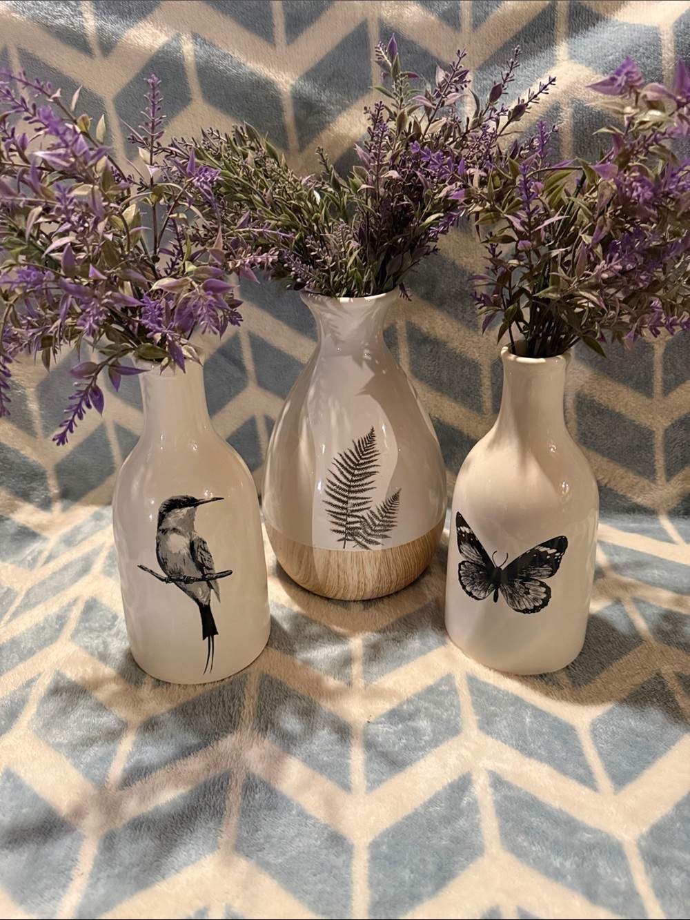 White Ceramic Fern & Hummingbird & Butterfly Accent Vases - Set of 3